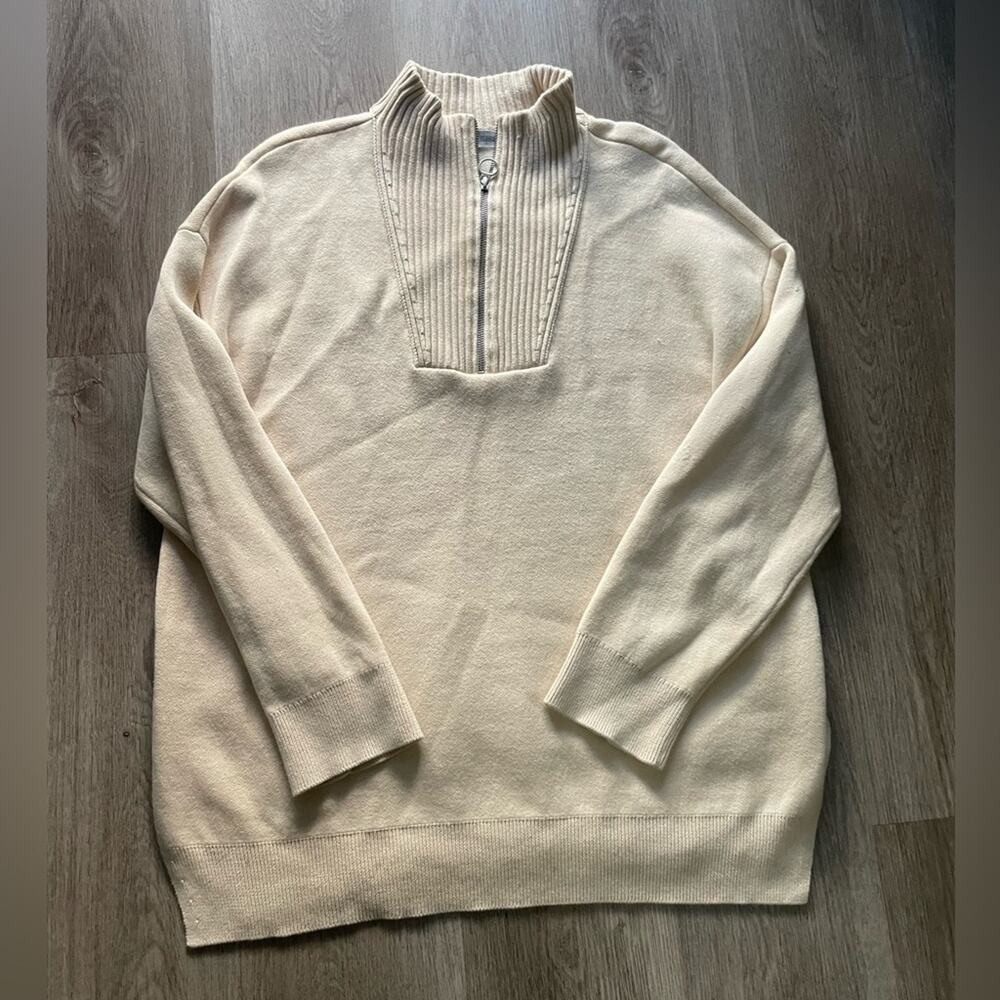 closed cream ivory oversized ribbed knit zip front pull over sweater size medium